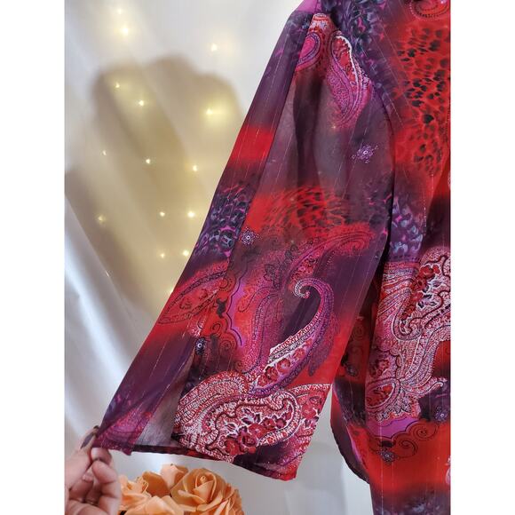 Maggie Barnes Vtg Sheer Paisley Sparkle Stripe Blouse Womens Plus Size 20W Red - Picture 5 of 10